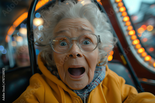 Elderly woman with surprised expression in amusement park ride.