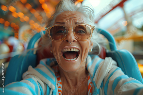 Elderly woman enjoying a thrilling roller coaster ride.
