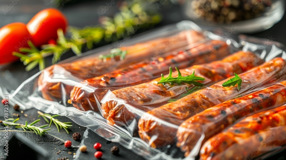 Traditional Italian sausages neatly wrapped in plastic packaging, displayed on a table for culinary preparation
