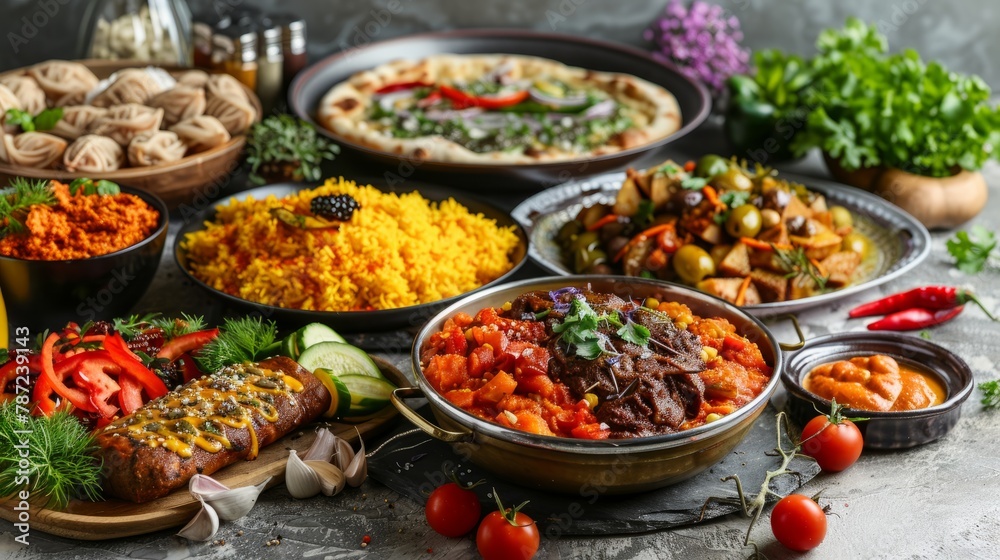 A variety of different foods from various cultural cuisines displayed on a table, showcasing a diverse culinary spread