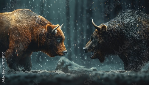 Bull vs Bear Markets, Illustrate the concept of bull and bear markets with contrasting images of bullish and bearish symbols, representing periods of rising and falling stock prices respectively photo