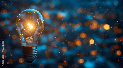 Electric light bulb bright polygonal connections on a dark blue background. Technology concept innovation artificial intelligence brainstorming business success. photo