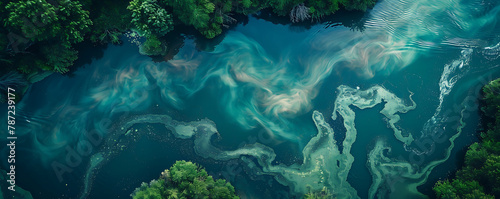 Water pollution by blooming blue-green algae on river. generative ai photo