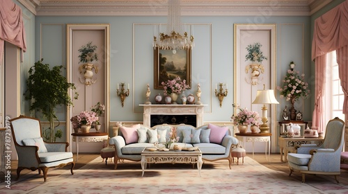 Regency Era Sitting Room: Plan a regency-style sitting room with pastel-colored walls, delicate floral patterns, and dainty furniture, evoking the refined charm of the early 19th century photo