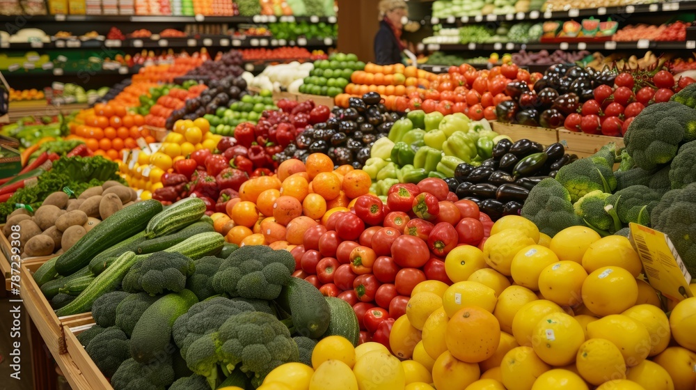 A wide-angle shot showcasing assorted fruits and vegetables neatly arranged in the vibrant produce section of a grocery store
