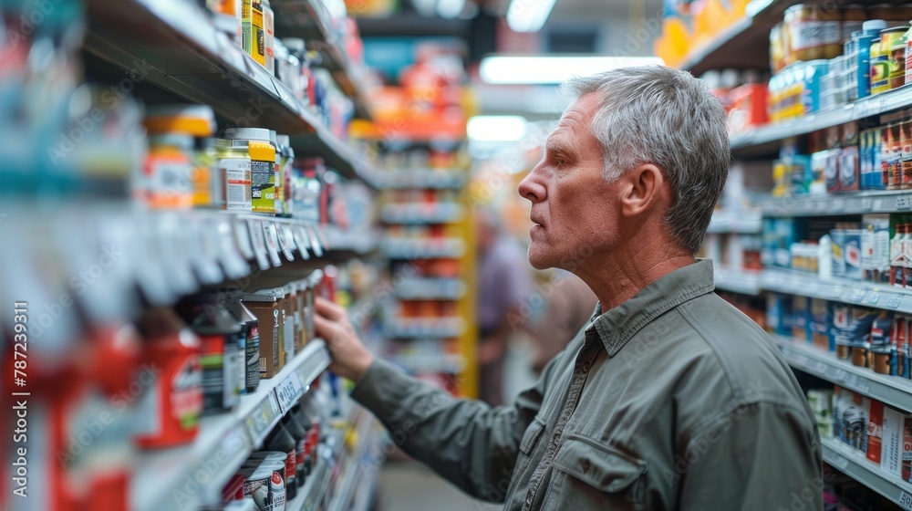 A man carefully inspects canned food items on neatly arranged store shelves