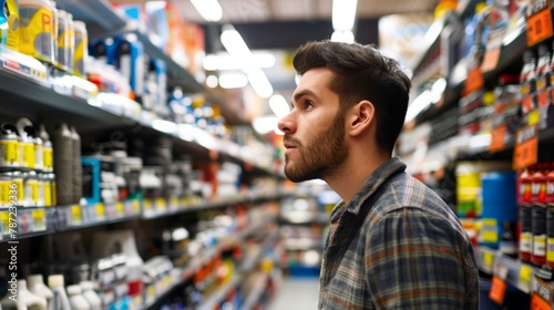 A man browses through neatly organized shelves in an auto parts store