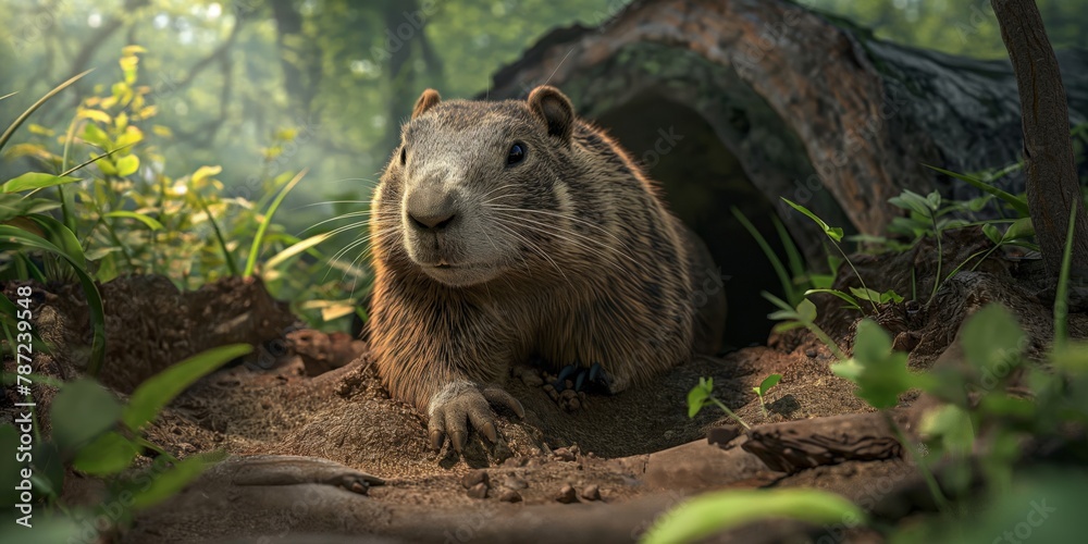 A captivating image of a groundhog peeking out from its burrow, surrounded by a lush forest environment A captivating image of a groundhog peeking out from its burrow, surrounded by a lush forest environment