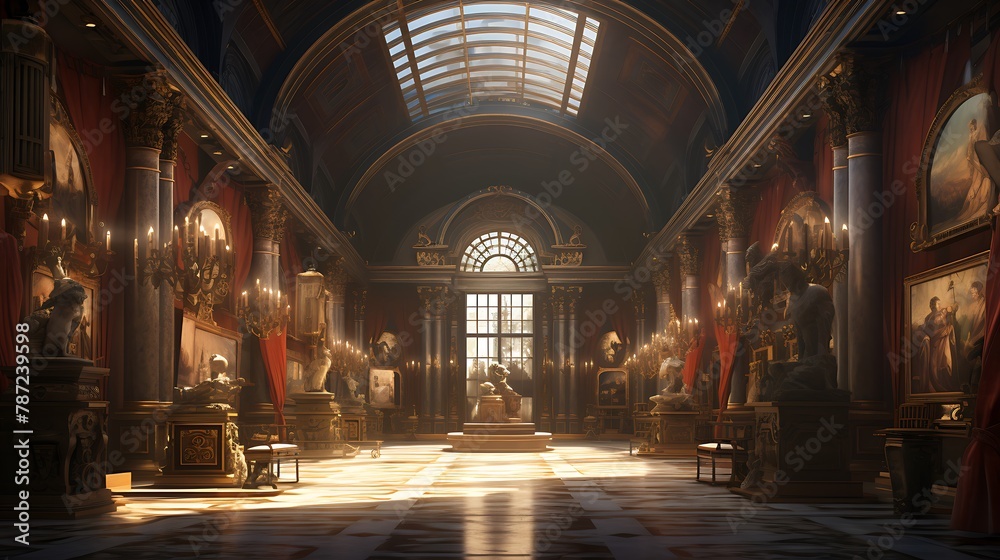 Renaissance Art Gallery:  an art gallery-inspired space with intricate frescoes, marble columns, and dramatic lighting, showcasing a collection of Renaissance artworks