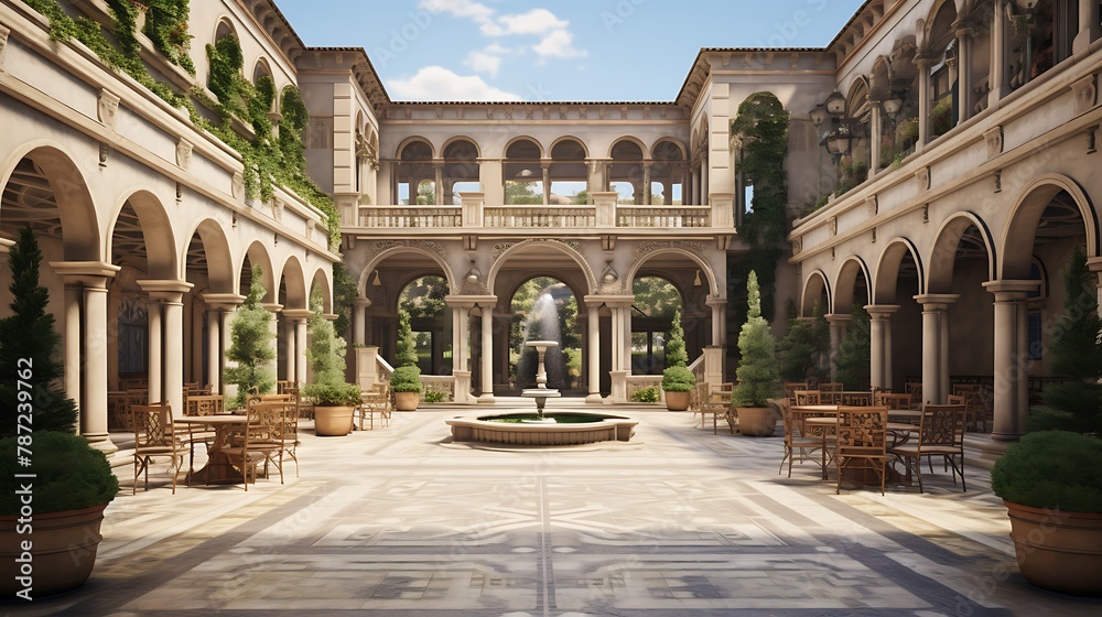 Renaissance Palazzo Courtyard:  a Renaissance palazzo courtyard with marble sculptures, arched colonnades, and frescoed ceilings, offering a splendid outdoor space for lavish gatherings and events