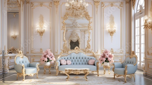 Rococo Inspired Salon: a Rococo-style salon with pastel-colored walls, ornate gilded furniture, and delicate floral motifs, reflecting the elegance and extravagance of 18th-century France 