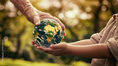 environmental protection and care of the planet. Old senior hands giving Earth globe to a young child. Earth Day environment concept. save world photo