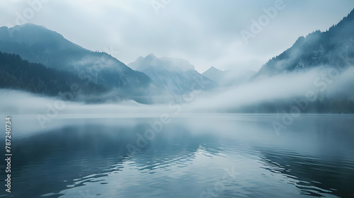 Fog above the the Lake Bluntausee in front of Mountains of the Alps Mountains in Salzbuger Land Austria Europe : Generative AI