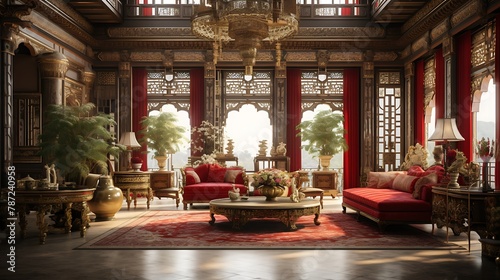 Royal Chinese Palace Living Room: an opulent living room with red and gold silk textiles, intricate carved furniture, and a stunning hand-painted mural, evoking the grandeur of a royal Chinese palace