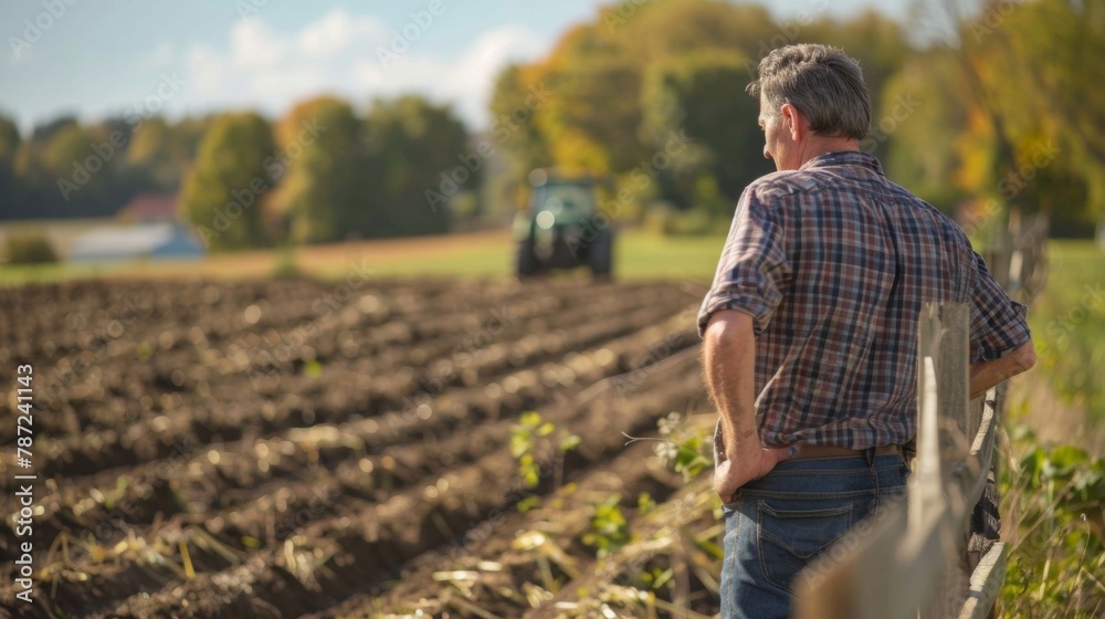A middleaged man leans against a wooden fence taking a short break from plowing a field with trusty tractor. back is turned . .