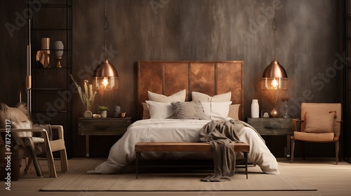 Rustic Copper Bedroom: a warm and rustic bedroom with walls in muted copper tones, wooden furniture, and earthy textiles, evoking a cozy cabin-like atmosphere 