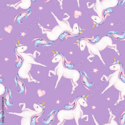 Seamless pattern. Watercolor unicorns pattern with rainbows and clouds. Cute watercolor 