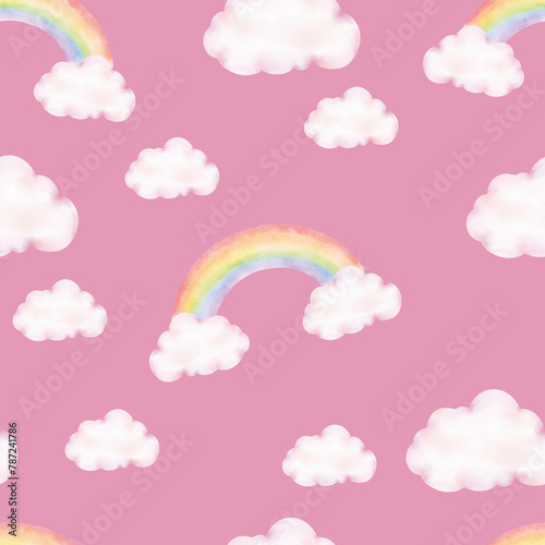 Seamless pattern. Watercolor unicorns pattern with rainbows and clouds. Cute watercolor 