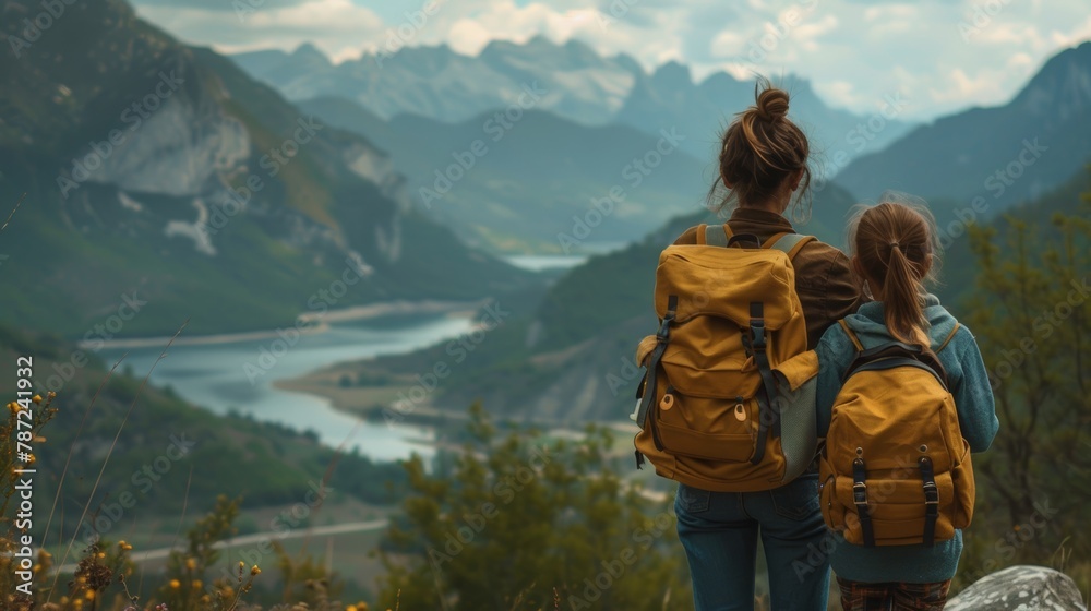 Mother and daughter with backpacks overlooking a valley mountain and river, happy bonding mom and young girl spend carefree holiday vacation hiking adventure outdoor trip, Family traveling activities Mother and daughter with backpacks overlooking a valley mountain and river, happy bonding mom and young girl spend carefree holiday vacation hiking adventure outdoor trip, Family traveling activities