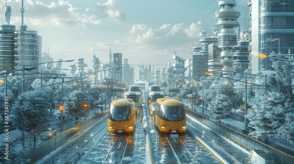 An illustration of an urban landscape transformed by self-driving buses ...
