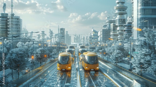 An illustration of an urban landscape transformed by self-driving buses and coordinated traffic control,  revolutionizing the way people move around the city photo
