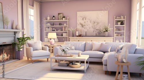 Soft Lavender Living Room: a cozy living room with soft lavender walls, light gray furniture, and accents of cream, offering a gentle and relaxing atmosphere for gatherings