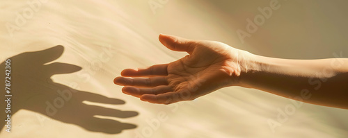 Help hand gesture people concept. Close up of human hand reaching to shadow against a wall. generative ai