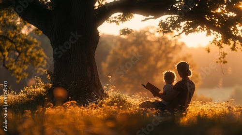 Happy Mother's day concept, mother reading fairy tale book to daughter under oak tree outside in meadow golden hour sunset, mom and little girl bonding relationship sitting together in park in summer