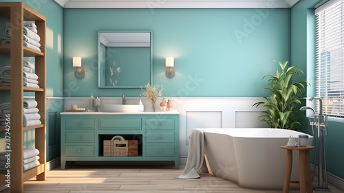 Soothing Teal Bathroom   a tranquil bathroom with walls in soothing teal  white fixtures  and touches of natural wood  offering a spa-like atmosphere for relaxation