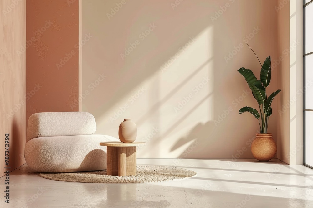 Fototapeta premium Modern, light minimalist interior of the living room peach fuzz color