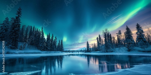 Stunning image of the Northern Lights  Aurora borealis  over a serene snowy forest landscape and reflective icy river