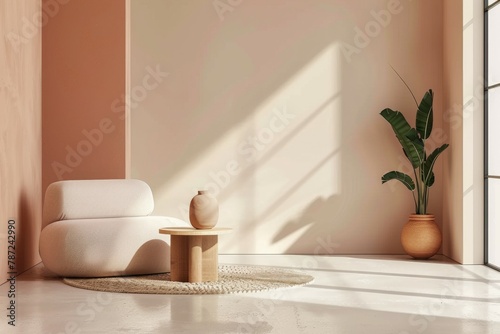 Modern  light minimalist interior of the living room peach fuzz color