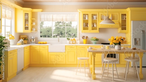 Sunny Yellow Kitchen:  a cheerful kitchen with sunny yellow cabinets, white countertops, and stainless steel appliances, infusing the space with energy and warmth  © MUHAMMADUMAR