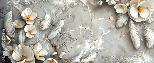panel wall art, marble background with feather and flowers desig © pasakorn