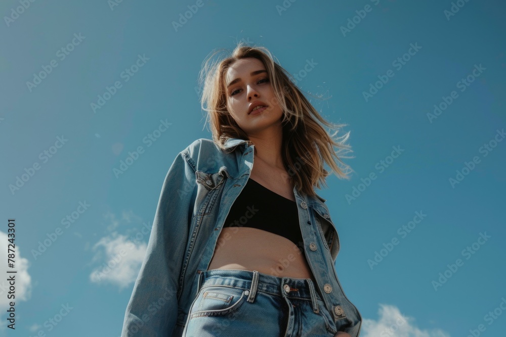 modern young woman, looking at camera, classy modern clothing, low angle,