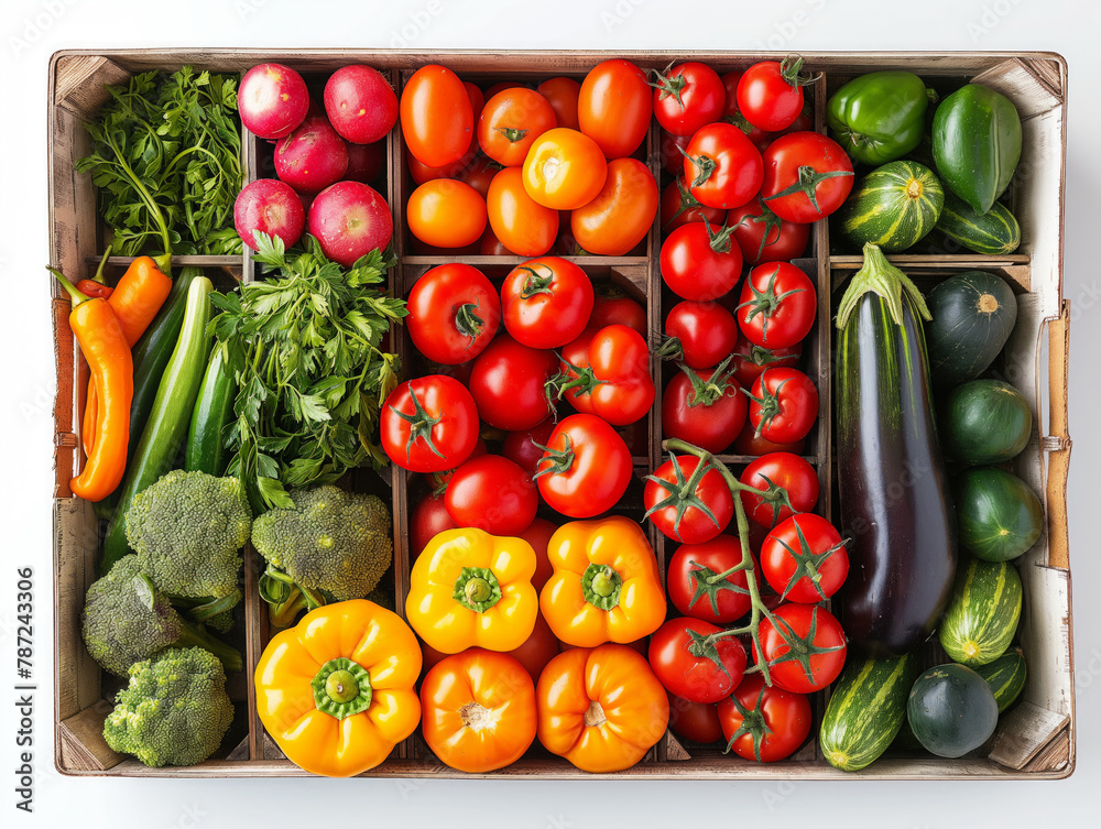 A variety of vegetables and fruits are displayed in a wooden crate. The crate is filled with broccoli, tomatoes, peppers, cucumbers, and squash. The colors of the vegetables are bright and vibrant