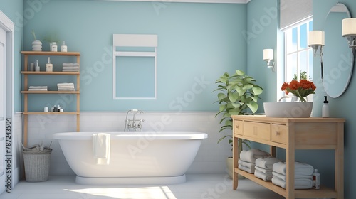 Tranquil Sky Blue Bathroom   a peaceful bathroom with sky blue walls  white fixtures  and accents of seafoam green  evoking a sense of calm reminiscent of clear skies and ocean breezes