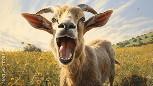 Goat bleating in a field of yellow flowers photo