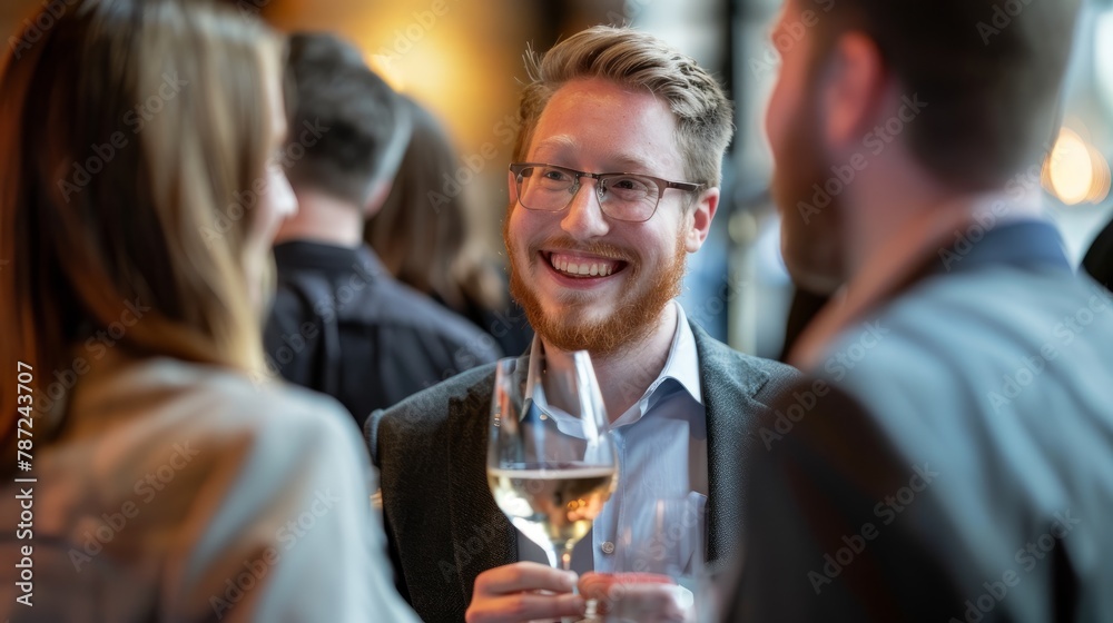 A man in semiformal attire holding a glass of wine during a lively discussion at a YpLV