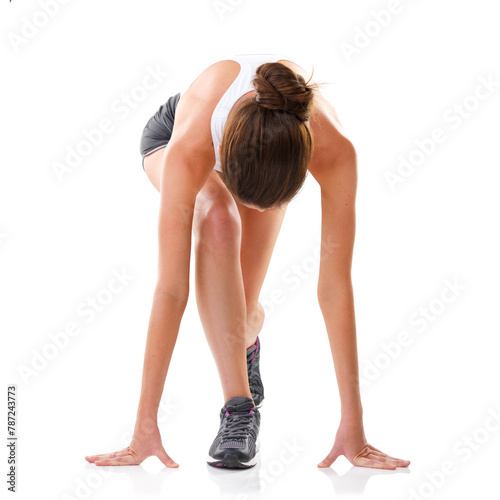 Woman, start or runner in studio for exercise, fitness training or cardio workout on white background. Marks, girl or athlete on ground for sports performance, sprinting contest or running endurance