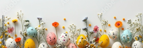 Colorful Easter Eggs and Wildflowers Arrangement on White Background, Top View Easter Celebration Concept