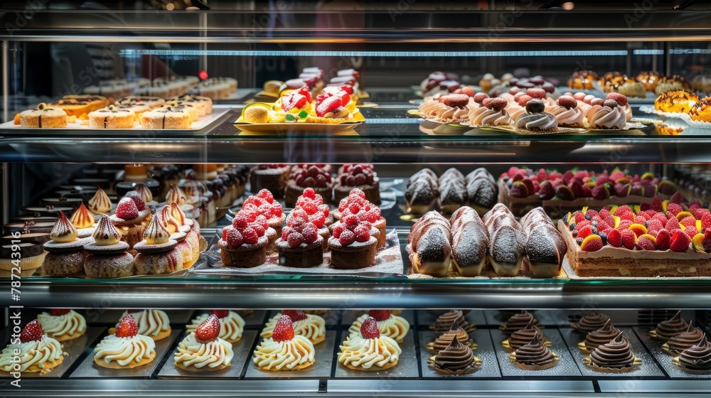 A display case at a patisserie counter filled with a variety of desserts and small cakes ready for sale