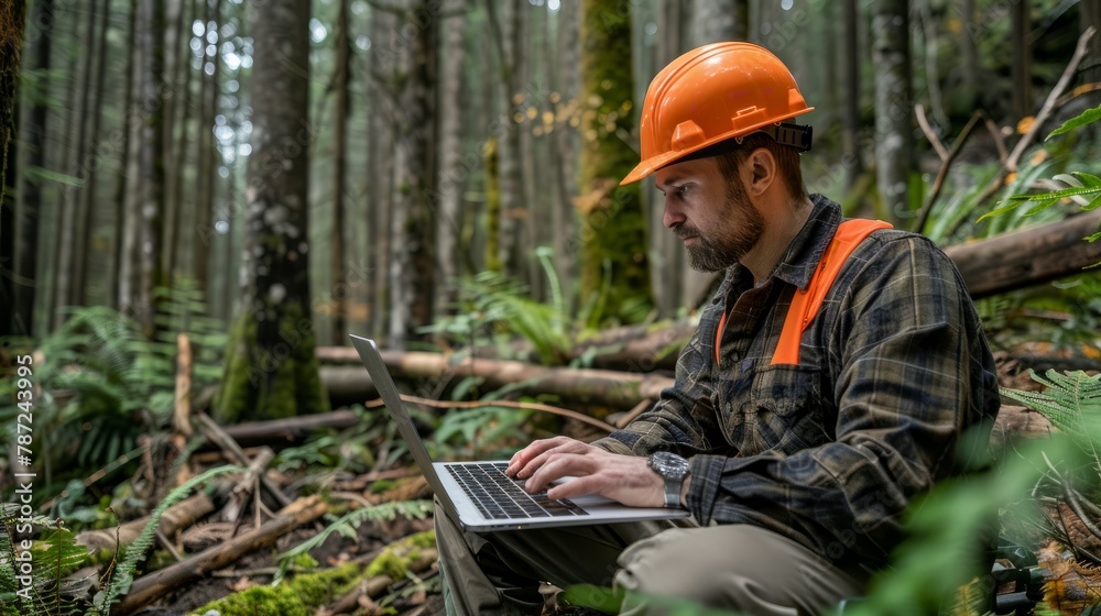 A forest ranger in an orange hard hat uses a laptop to analyze data collected by drones in the woods