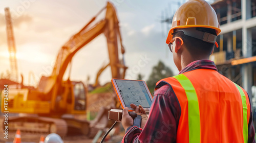 Engineer in a hard hat using a digital tablet to manage a construction project with an excavator under bright skies