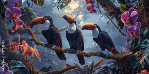 Three colorful toucans sitting on a jungle branch, surrounded by lush exotic foliage and fauna