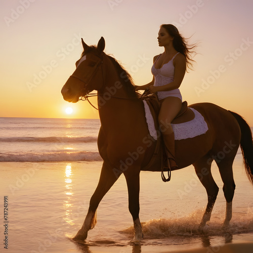 An elegant woman is horseback riding at the beach at sunset
