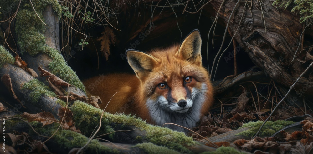A red fox looks out from its forest den surrounded by rich greenery and intricate woodlands