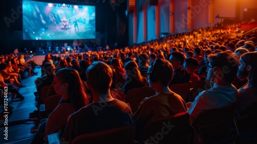 A large audience seated in front of a screen, intensely focused on a video game competition during an esports tournament