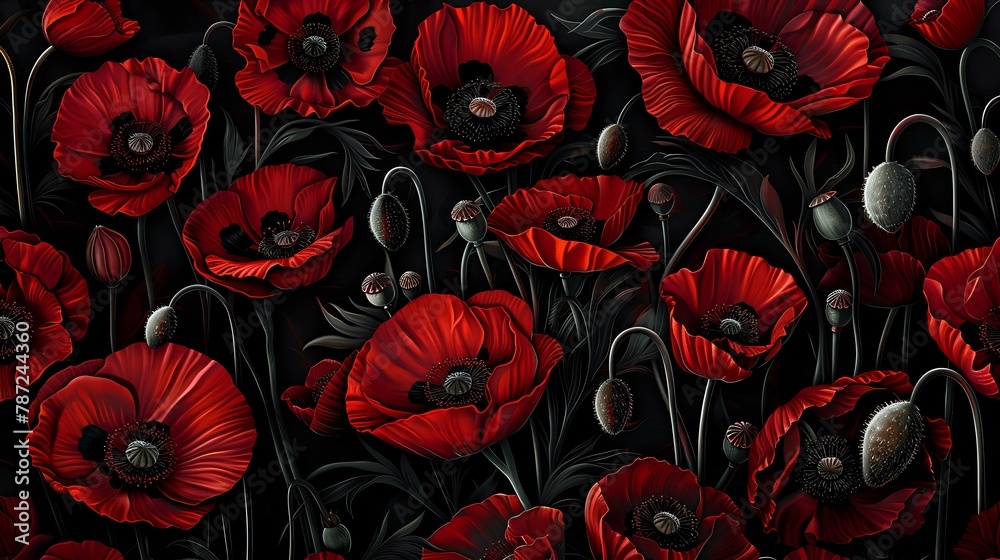 Elegant Red Poppies on Dark Background Elegant Red Poppies on Dark Background