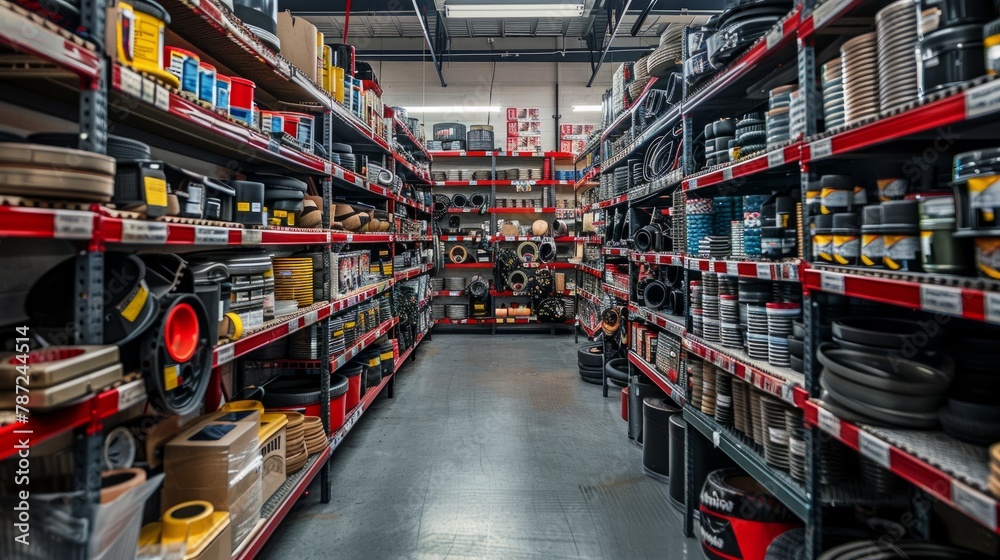 A large warehouse bursting with a variety of tools stored on shelves, showcasing a wide inventory of hardware supplies
